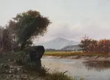 River Landscape with Distant Church by American School, RIVER LANDSCAPE WITH DISTANT CHURCH, oil on canvas, sold Feb 2010