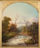 Landscape with Winding Stream by American School, LANDSCAPE WITH WINDING STREAM, oil on canvas, sold Feb 2010