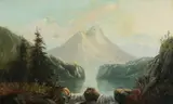 Mountain Landscape with Waterfall by American School, MOUNTAIN LANDSCAPE WITH WATERFALL, oil on canvas, sold Feb 2010