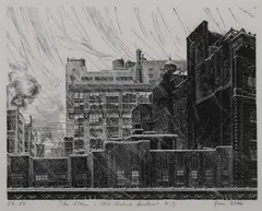 Grace Arnold Albee, The Storm-Old Chelsea District, Wood engraving