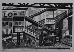 Bernard Brussel-Smith, Allen Street El, Wood engraving.