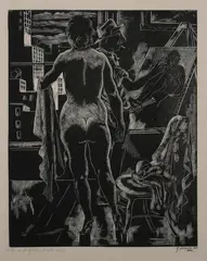 Emil Ganso, Self Portrait with Nude, Wood engraving