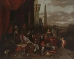 Balthasar van den Bossche, Untitled, amongst classical architecture oil on canvas 98 x 127cm