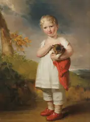 Henry Howard, Untitled, holding a kitten wrapped in a red cloth oil on canvas 112 x 81.5cm