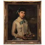 Federico Martínez, RETRATO DE NIÑA CON FLORES, Óleo sobre tela