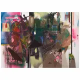 Daniel Evo, Metasistema_1, 2018, Acrílico, óleo, esmalte, cinta adhesiva, vinil y collage de papeles sobre tela