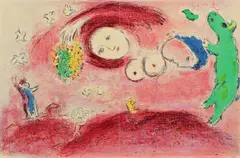 Printemps au Pré (Aus: "Daphnis et Chloe") by Marc Chagall, 1961, Farblithografie auf Velin, mittig gefalzt, sold May 2019