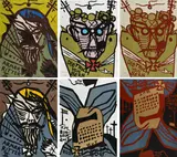 Jonathan Meese, Rittertum des Raubtiertums der Vorstaatshermetik des hermetischen ERZGEBIETES "VAKUUMEESE", 2005, Serie von sechs Farbholzschnitten auf verschieden farbigem somerset ENGLAND (Wasserzeichen)