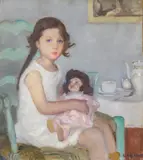 Suzannne Labatut, Mädchen mit Puppe am Kaffeetisch, Öl auf Leinwand
