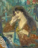 Alexis Mérodack-Jeaneau, Porträt einer Spanierin mit Pfau, Öl auf Leinwand