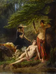 Adolf Dillens, Drei Damen am Waldsee, Öl auf Holz