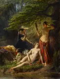Adolf Dillens, Drei Damen am Waldsee, Öl auf Holz