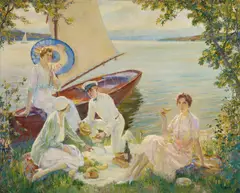 Picknick am Starnberger See by Edward Cucuel, Öl auf Leinwand, sold May 2019