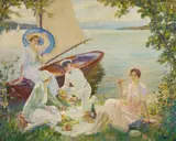 Edward Cucuel, Picknick am Starnberger See, Öl auf Leinwand