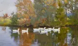 Franz Gräßel, Frühlingslandschaft mit Enten auf dem Teich, Öl auf Leinwand
