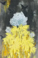 Dan Shi, "My Garden" - Blaue Päonien mit schwarzen Schmetterlingen, 1990er, Tusche, Pigmente und Blattgold auf Papier