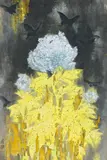 Dan Shi, "My Garden" - Blaue Päonien mit schwarzen Schmetterlingen, 1990er, Tusche, Pigmente und Blattgold auf Papier