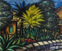 Ohne Titel (Gartenansicht) by Frans Masereel, 1950, Öl auf Holz, sold Nov 2019