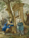 Nicolaas Verkolje, Christus und die Samariterin am Brunnen, Tusche und Aquarell auf Papier