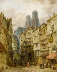Belebte Gassen einer nordfranzösischen Stadt by Hippolyte Jean-Baptiste Garneray, Öl auf Leinwand, sold Nov 2019
