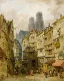 Hippolyte Jean-Baptiste Garneray, Belebte Gassen einer nordfranzösischen Stadt, Öl auf Leinwand