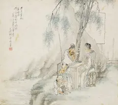 Wenbin Qian, Sechs Albumblätter mit historischen Persönlichkeiten, Tusche und leichte Pigmente auf Papier