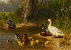 Carl Jutz, Entenfamilie am Wasser, Öl auf Holz