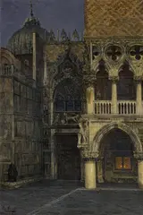 Theodor Groll, Die Porta della Carta zwischen San Marco und dem Dogenpalast in Venedig, Öl auf Leinwand