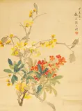 Zhaoxiang Zhang, Blühende Kapokzweige und Nandine, Zyklisch datiert 1895, Leichte Tusche und Farben auf Papier