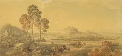 Johann Friedrich Tielker, Blick auf das alte Athen mit der Akropolis über den Häusern der Stadt, Aquarellierte Federzeichnung auf Papier