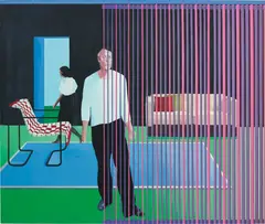 Neil Stokoe, Two Figures Vertical Blind Red Chair and Green Floor, 1983, oil on canvas