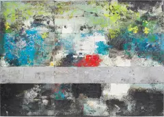 dividere by Hugo McCloud, 2014, aluminium foil, aluminium coating and oil on tar paper mounted on panel, sold Dec 2019