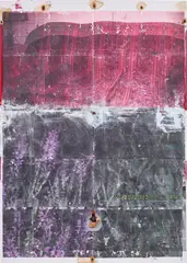 Mojito Mint by Borden Capalino, 2014, thermal transfer, dehydrated carrot chips, pistachio shells, coffee, Ajax, pig ear, ram horn and nail polish on canvas, sold Dec 2019