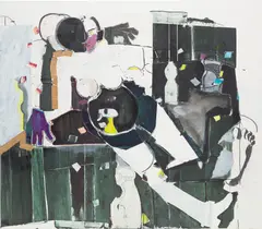 Frau mit Spruhflasche by Magnus von Plessen, 2010, oil, charcoal and paper collage on canvas, sold Dec 2019