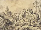 Giorgio de Chirico, Cavalli davanti ad un castello, charcoal on paper