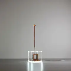 Entering into Nothing Else by Yudi Noor, 2010, neon light, transformer, teak wood, steel, plastic, tape, wire and zinc, sold Dec 2019