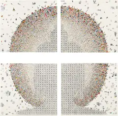 Gonkar Gyatso, The Shambala of Modern Times, 2009, Giclée and silkscreen with gold and silver leaf on paper, quadriptych