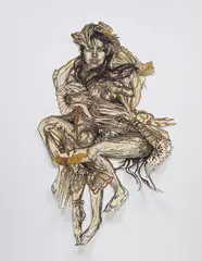 Monica by Caledonia Curry & Swoon, 2010, coffee stain, acrylic gouache and Linoleum block print on mylar, sold Dec 2019