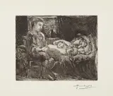 Pablo Picasso, Garçon et dormeuse à la chandelle (Boy and Sleeping Woman by Candlelight), plate 26 from La Suite Vollard, 1934, Etching, engraving and aquatint, on Montval paper watermarked Montgolfier , with full margins