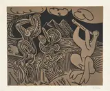 Bacchanale: flûtiste et danseurs aux cymbales (Bacchanal: Flutist and Dancers with Cymbals) by Pablo Picasso, 1959, Linocut in colours, on Arches paper, with full margins, sold Jan 2019
