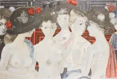Paul Delvaux, Murmures (Murmurings), 1979, Screenprint in colours, on silk, stretched over board