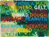 Mel Bochner, Money, 2014, Monoprint with collage, engraving, embossing and oil paint in colours, on handmade and hand-dyed Twinrocker paper, the full sheet