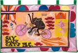 Grayson Perry, Gay Black Cats MC, 2017, Cotton fabric and embroidery appliqué handmade flag in colours, contained in the original card box with printed lid