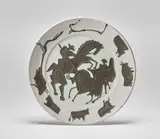 Corrida (Bullfight) by Pablo Picasso, 1953, White earthenware plate, painted with black oxide and partial white glaze, sold Jan 2019