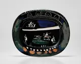 Pablo Picasso, Corrida verte (Green Bullfight), 1949, White earthenware rectangular dish, painted in colours with engraving, coloured engobe and partial brushed glaze