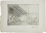 Pablo Picasso, Femme nue endormie ou morte (Danaé?) (Nude Woman Sleeping or Dead [Danae?]), 1934, Etching, on thin wove paper, with full margins