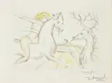 Le Cheval qui voulait se venger du cerf, from Le Bestiaire de La Fontaine Dalinisé (The Horse that Wanted Revenge on the Stag, from La Fontaine's Bestiary Dalinized) by Salvador Dalí, 1974, Drypoint with extensive hand-colouring in coloured pencil, on Arches paper, with full margins, sold Jan 2019