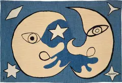 Alexander Calder, Lune et soleil, fond d'azur (Moon and Sun, on a blue background), circa 1970, Dyed and hand-woven woollen tapestry