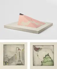Stefan Wewerka, Wewerka Paris; and Die sieben Weltwunder, 1971; and 1972, Two complete sets of etchings in colours, on wove paper; one set of 8 with hand-colouring and one set of 7 with accompanying multiple, colophon and text page; both sets with one original printing plate, all sheets loose (as issued), contained in their respective original fabric-covered portfolios