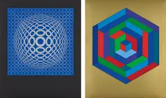 Victor Vasarely, Réponses a Vasarely (Responses to Vasarely), 1974, The complete set of 12 prints in colours, including 6 heliogravures and 6 screenprints, on smooth wove paper, the full sheets, with title page, texts and justification, the 6 heliogravures bound, and the 6 screenprints loose (as issued), all contained in the blue fabric covered portfolio
